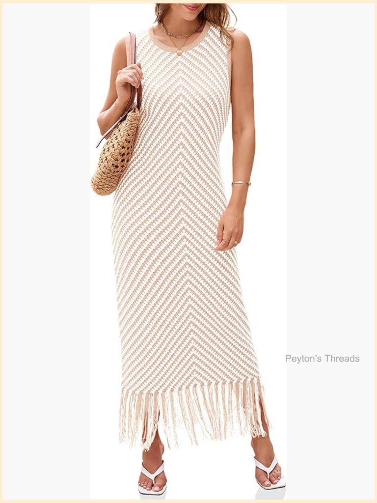 Sleeveless Crochet Knit Dress Tassel Hem Striped Maxi Boho Tank Sweater